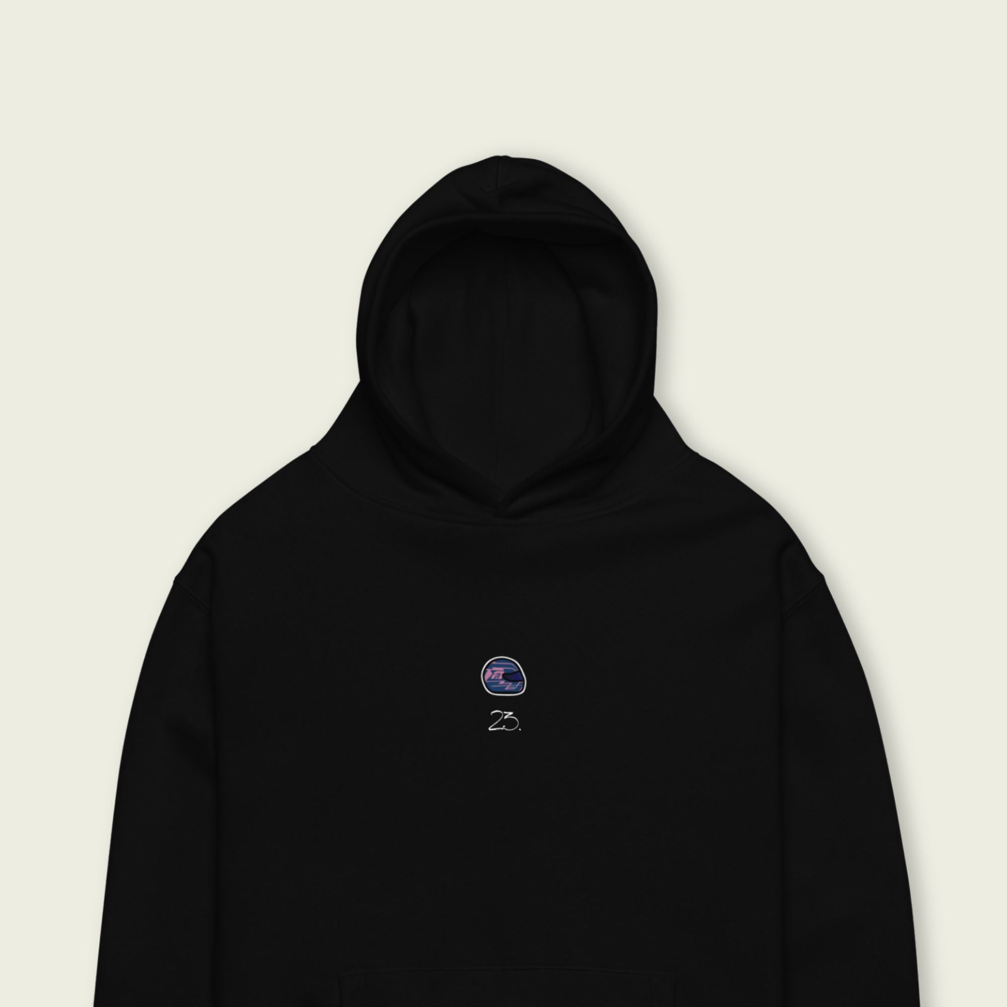 A black oversized hoodie with white text Alex Albon's racing number 23 on the front and Albon's graphic helmet on the front.