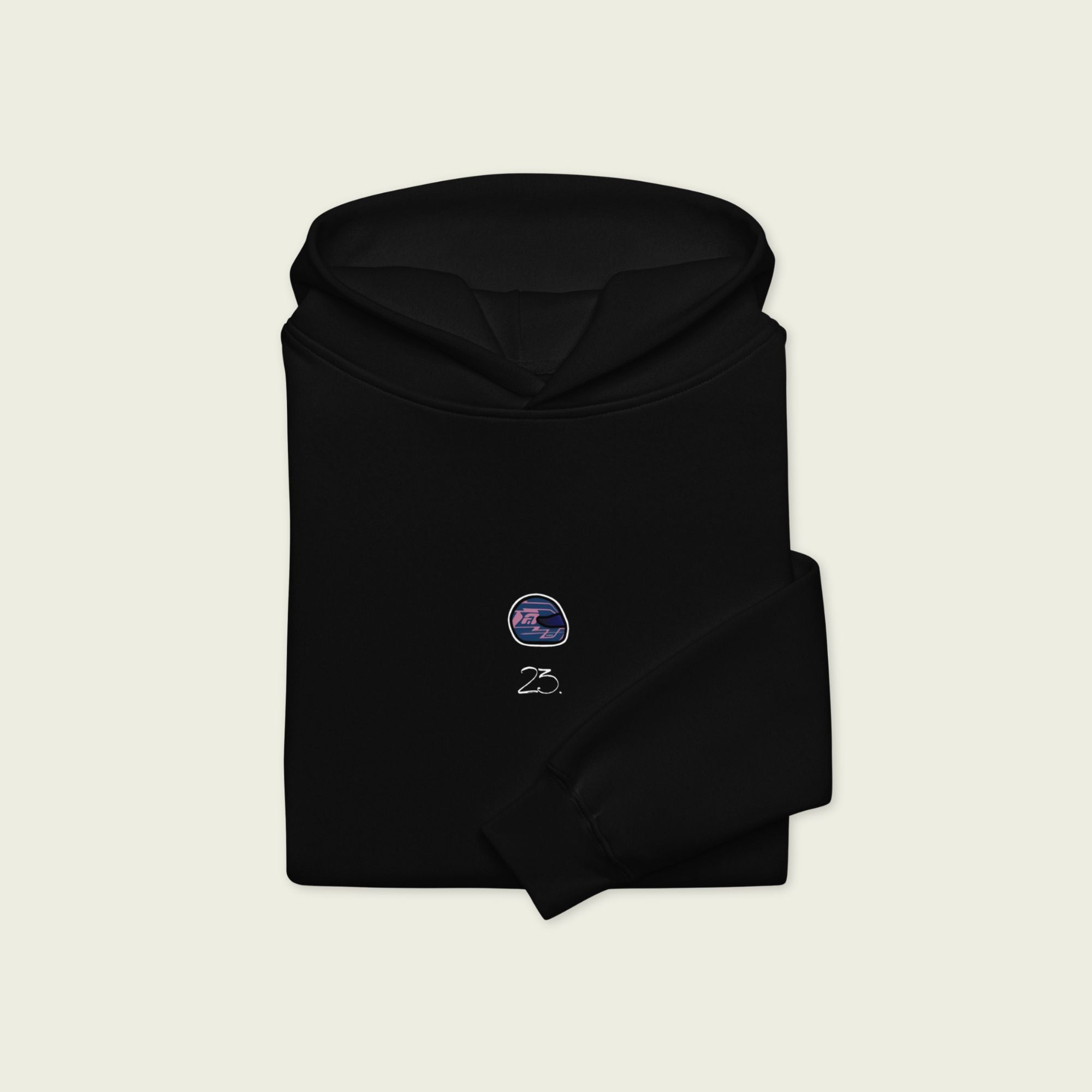 A black oversized hoodie with white text Alex Albon's racing number 23 on the front and Albon's graphic helmet on the front.