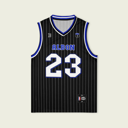 A black and blue pin striped basketball Jersey with Alex Albon's Williams F1 racing number 23 in white and blue on the front and back.