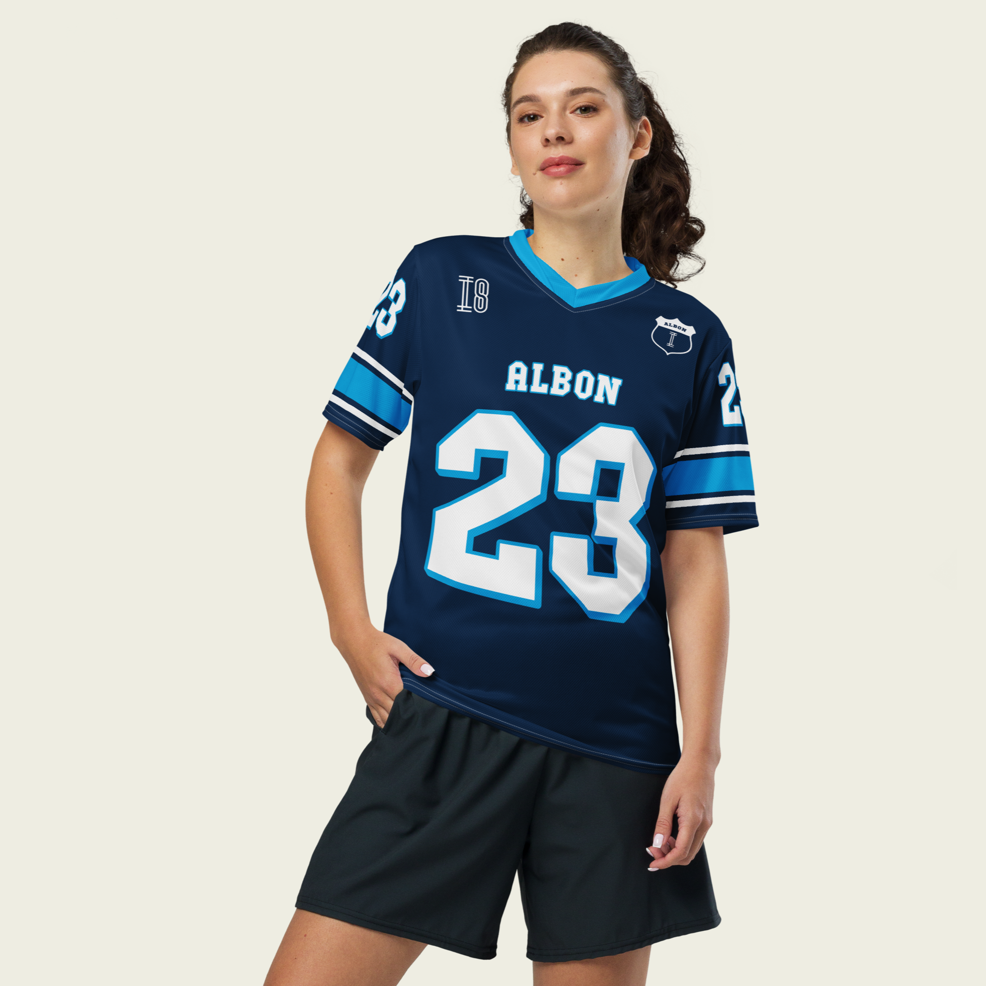 A navy blue football jersey with Alex Albons Williams F1 Racing number 23 on the front and back.