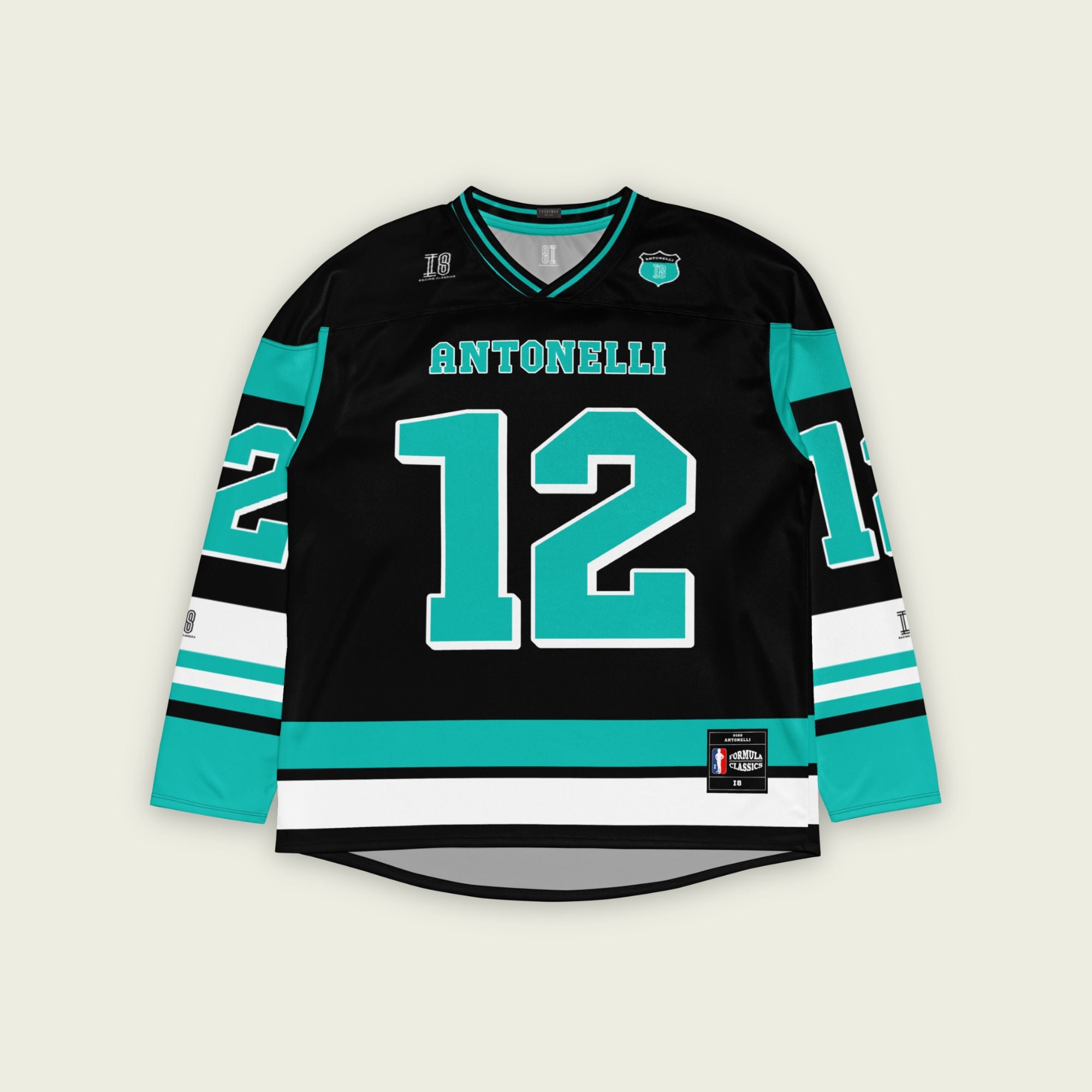 A black and turquoise hockey jersey with Andrea Kimi Antonelli's Mercedes F1 racing number 12 in turquoise on the front and back. It has the name Antonelli on the back and front in turquoise as well.