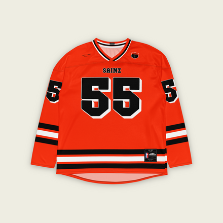 A red and black ferrari hockey jersey with Carlos Sainz Jnr's f1 racing number 55 on the front and back and his name sainz on the back and front.