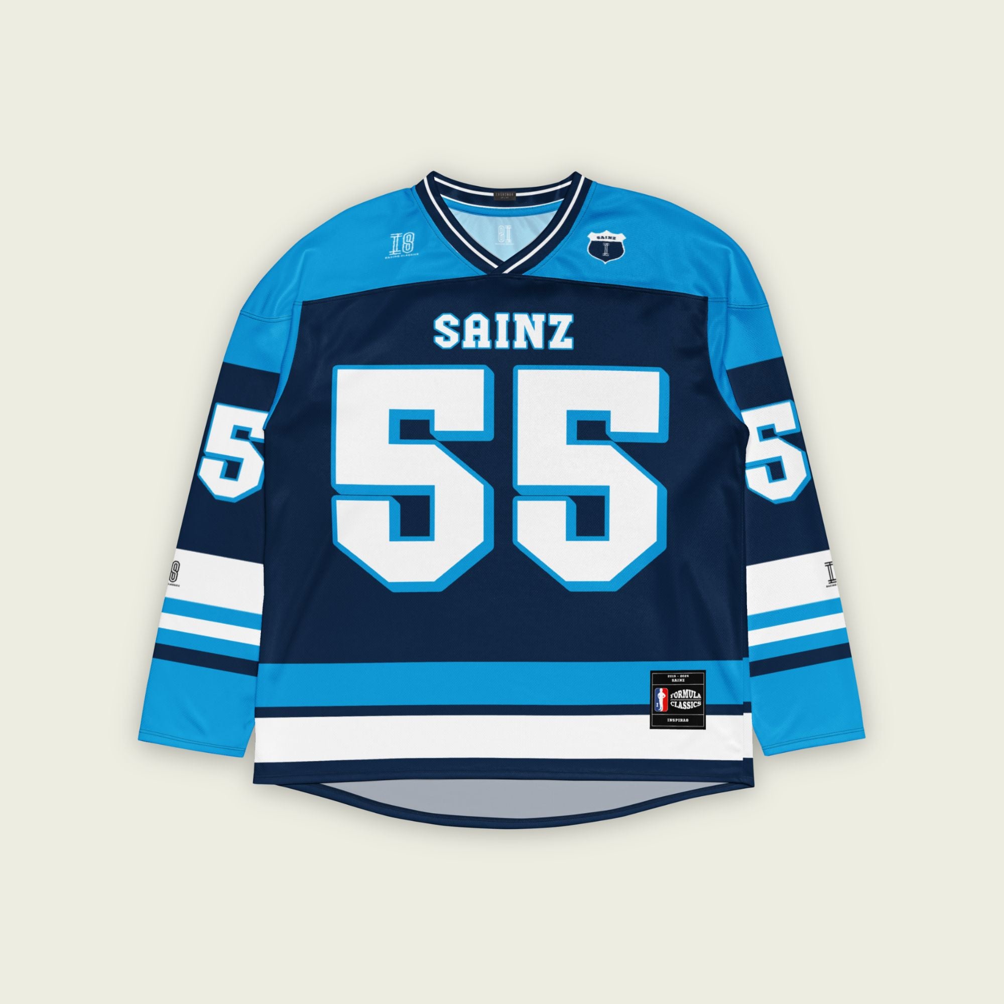 A blue hockey jersey with Carlos Sainz's Williams F1 Racing number 55 in white on the front and back. It also has the name Sainz on the back and front in white.