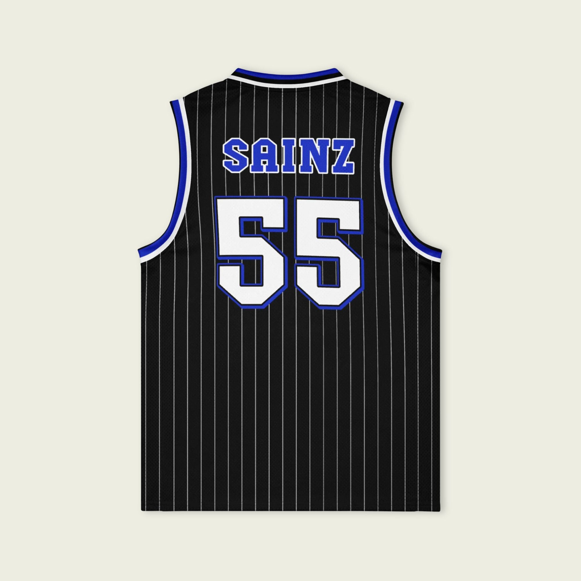 A black and blue pin striped basketball Jersey with Carlos Sainz's Williams F1 racing number 55 in white and blue on the front and back.