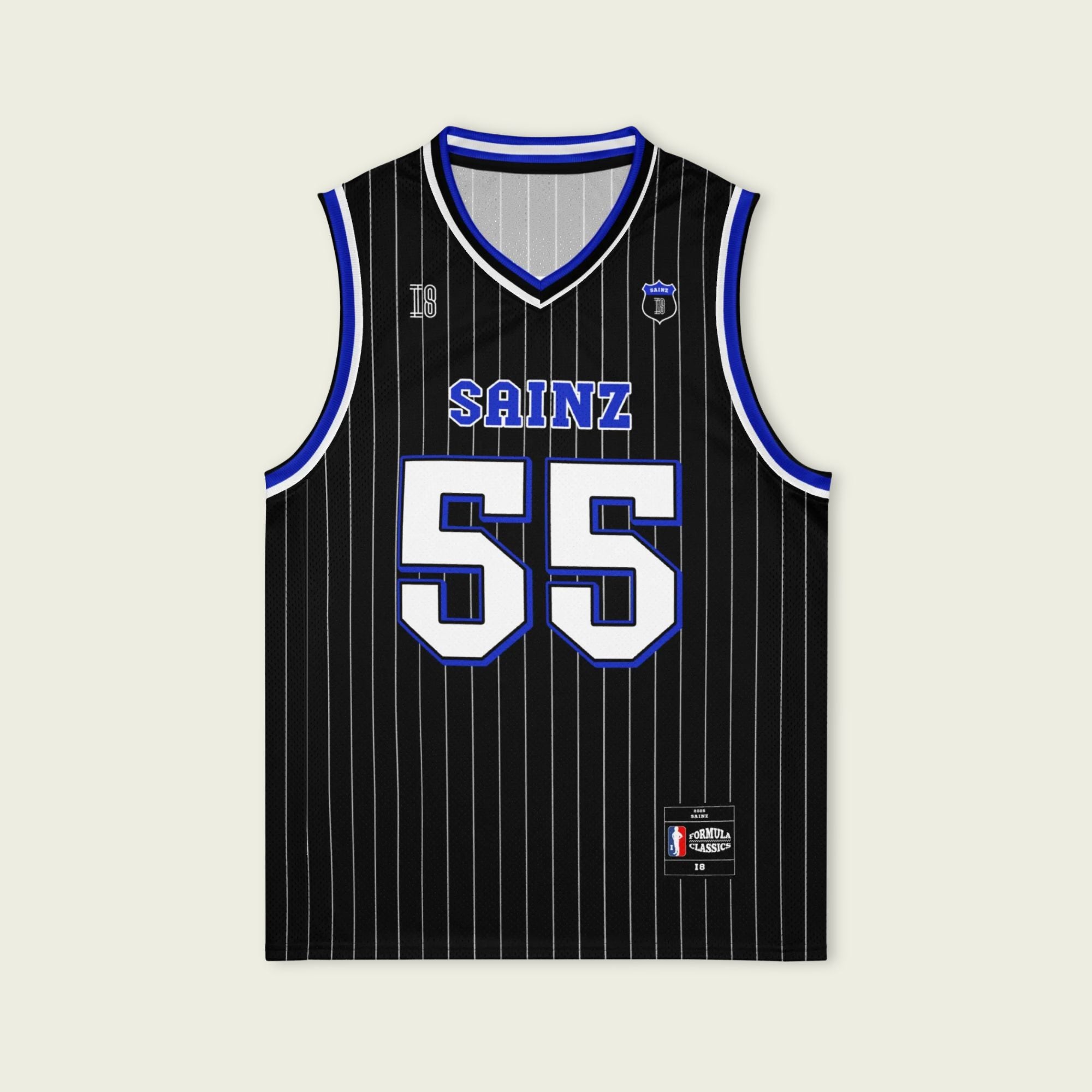 A black and blue pin striped basketball Jersey with Carlos Sainz's Williams F1 racing number 55 in white and blue on the front and back.