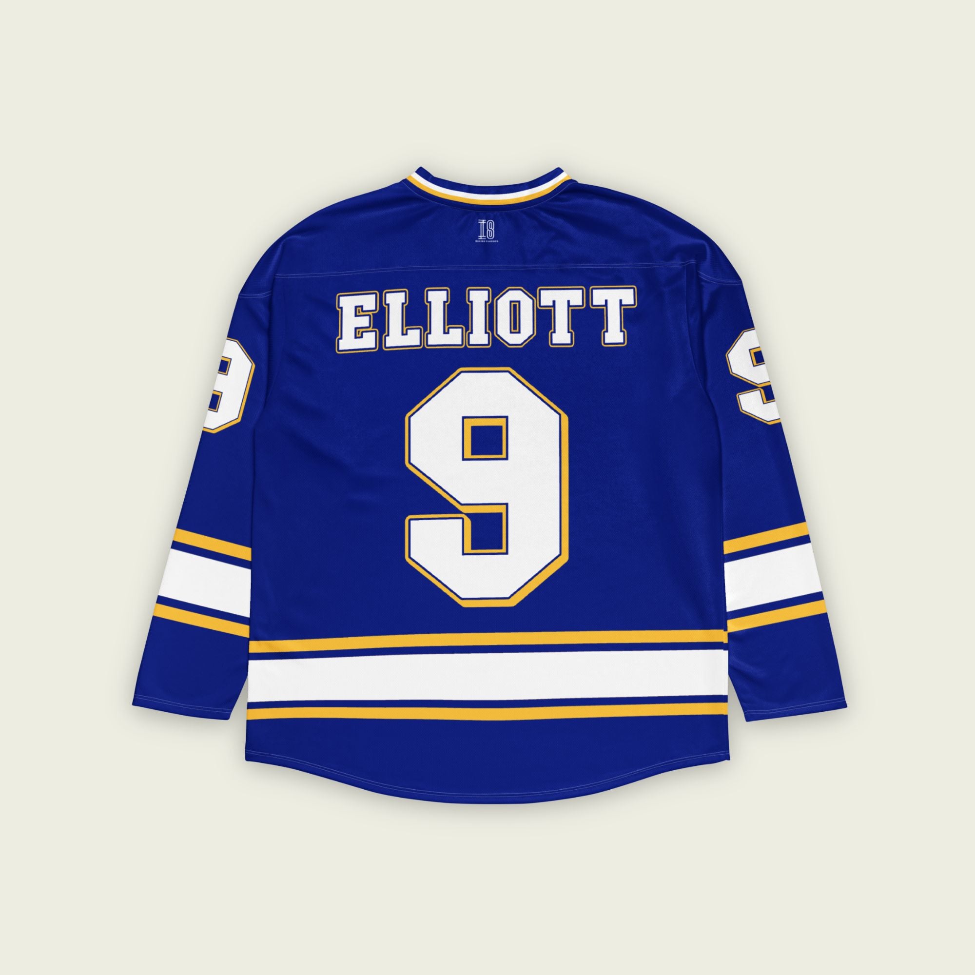 A Navy blue, white, and gold hockey jersey showing Chase Elliot's Nascar racing number 9 on the front and back with his name as well.