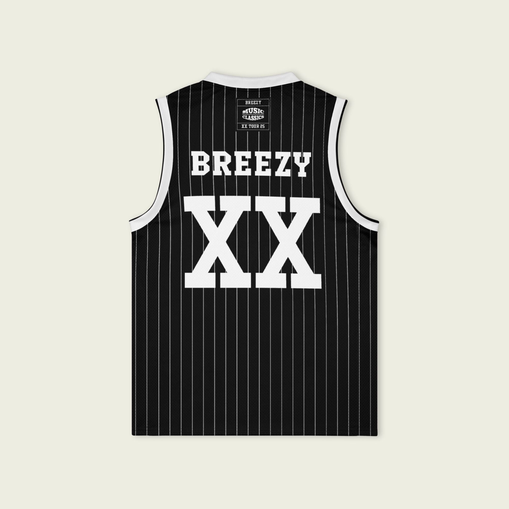 A black and white pin striped basketball Jersey with Chris Brown's Breezy name on the front and back and XX for his 11-11 tour in white, both on the front and back.