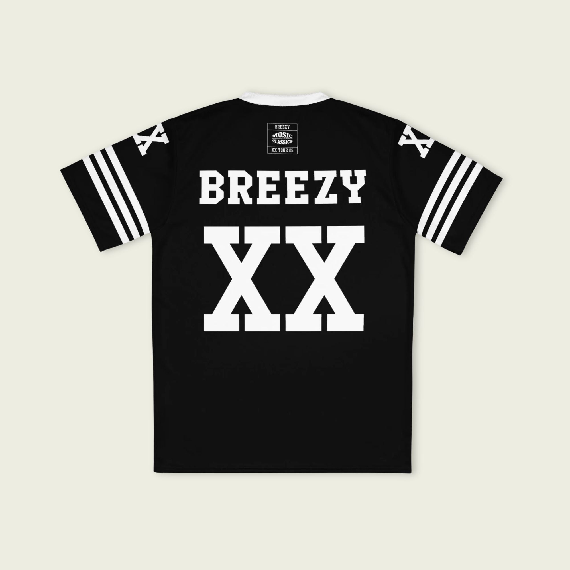 A Chris Brown black and white football jersey with XX and Breezy on the back and front in white.