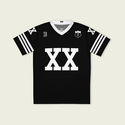 A Chris Brown black and white football jersey with XX and Breezy on the back and front in white.