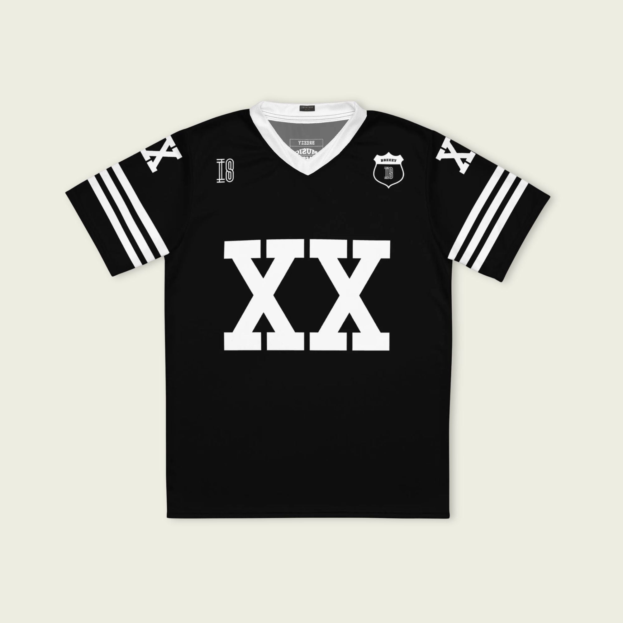 A Chris Brown black and white football jersey with XX and Breezy on the back and front in white.