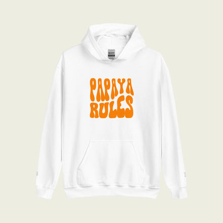 A white heavy blend hoodie with the text Papaya Rules in orange on the front in the center.