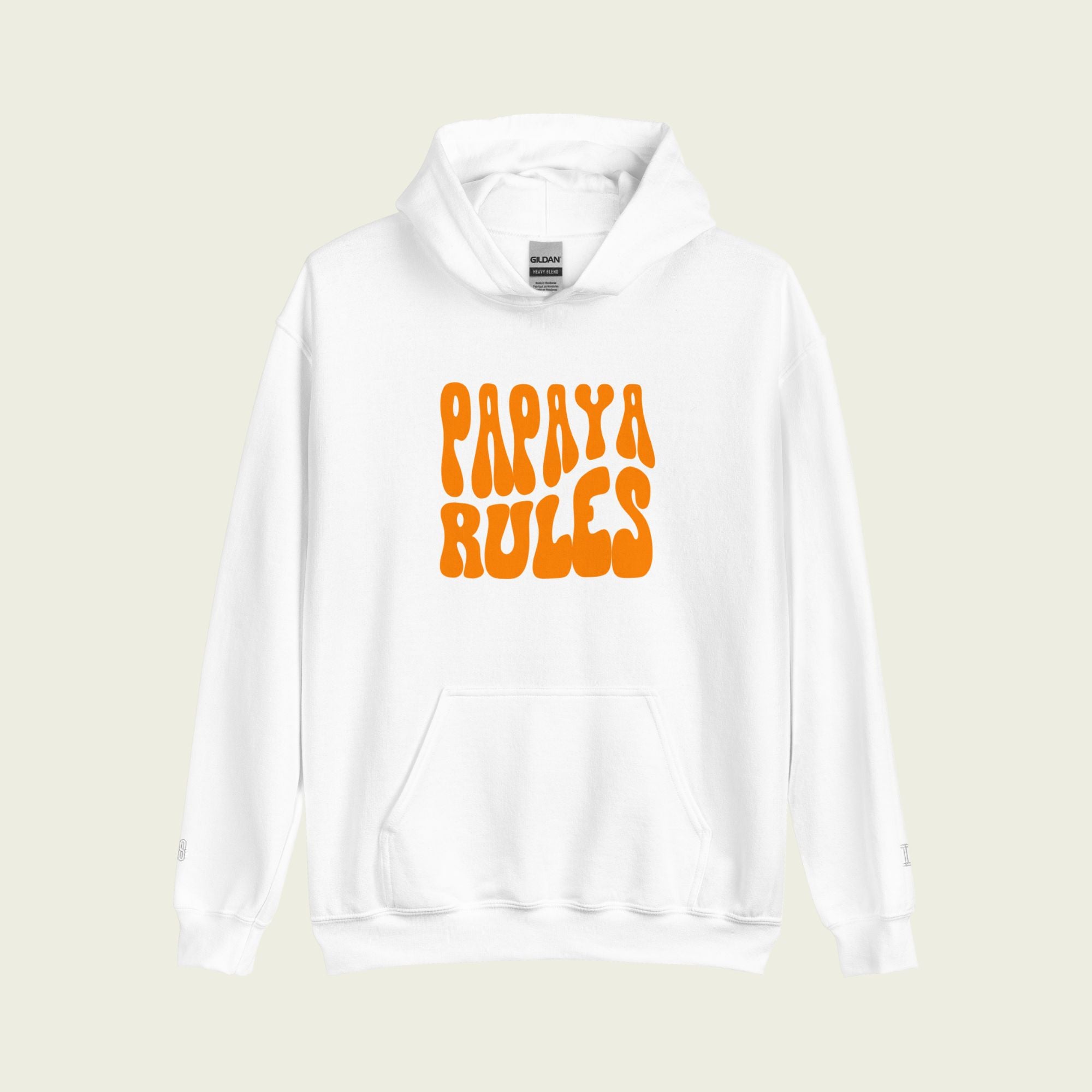 A white heavy blend hoodie with the text Papaya Rules in orange on the front in the center.