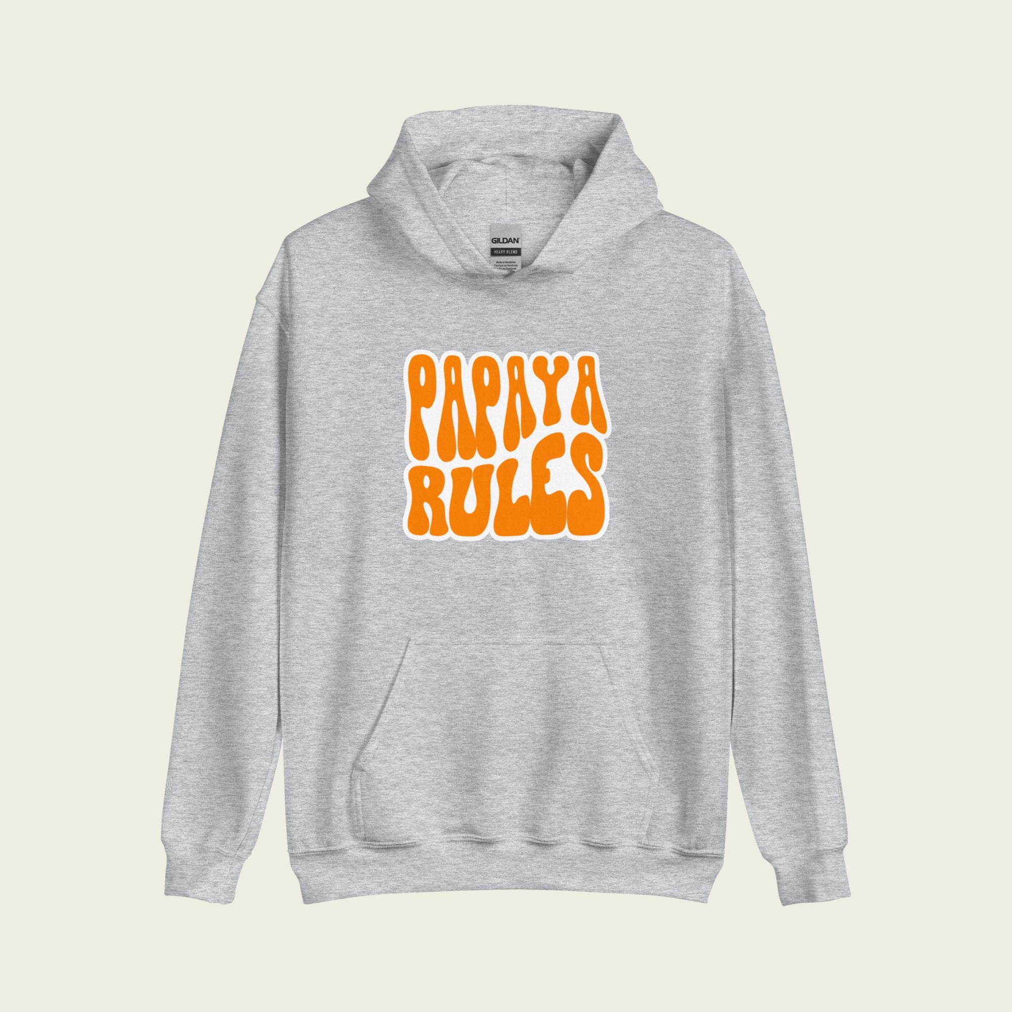 A grey heavy blend hoodie with the text Papaya Rules in orange on the front in the center.