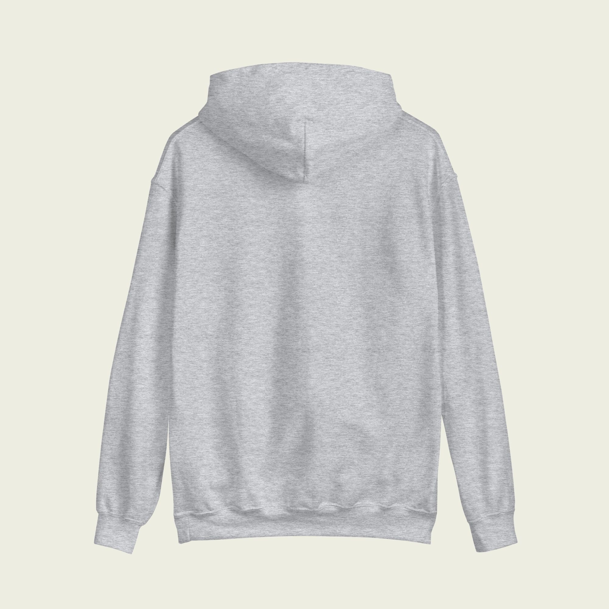 A grey heavy blend hoodie with the text Papaya Rules in orange on the front in the center.