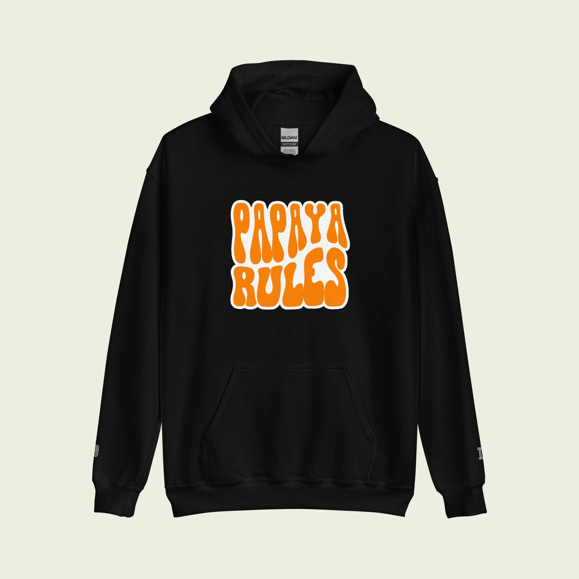 A black heavy blend hoodie with the text Papaya Rules in orange on the front in the center.