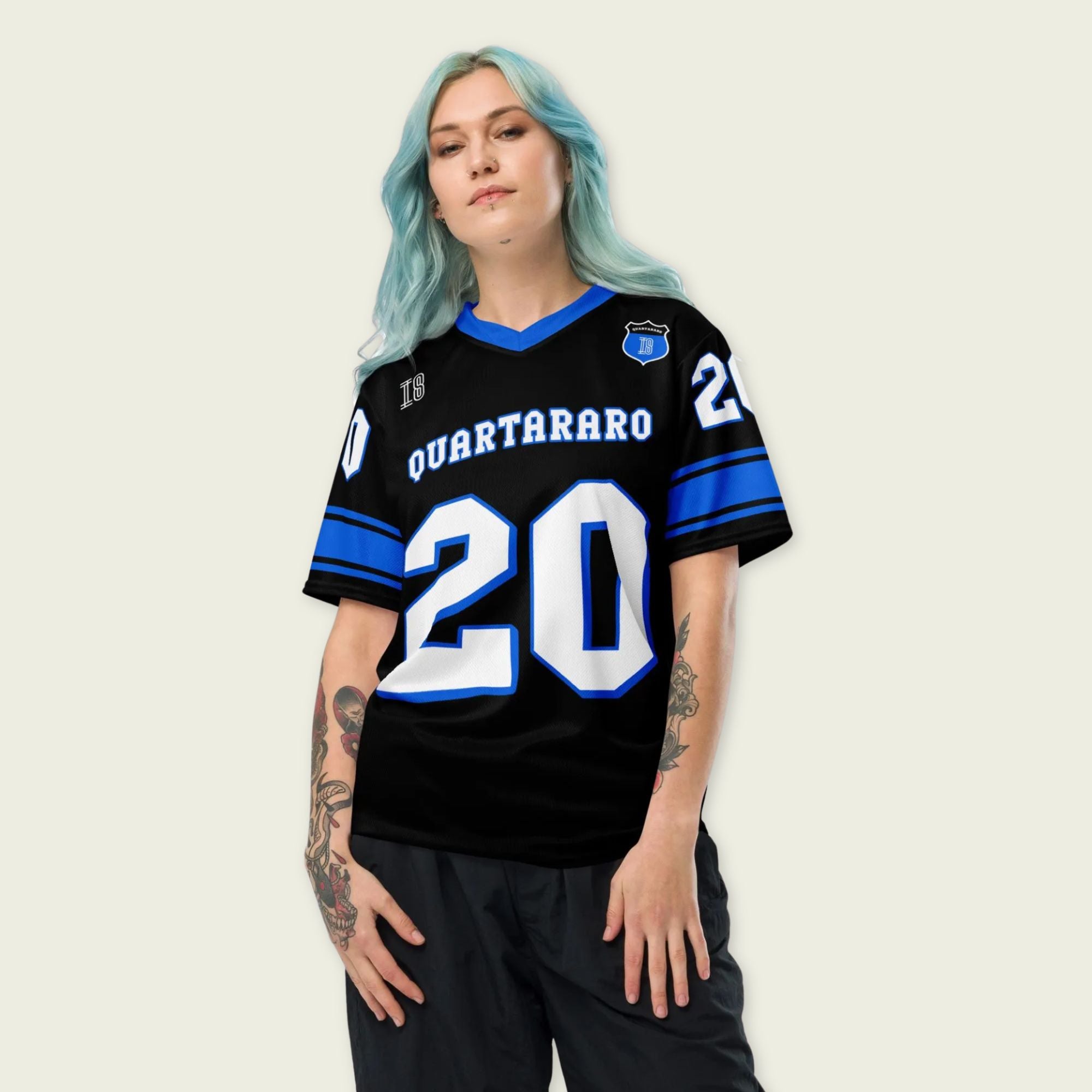 A black and blue football jersey with Fabio Quartararo Moto GP racing number 20 in white with a blue outline.