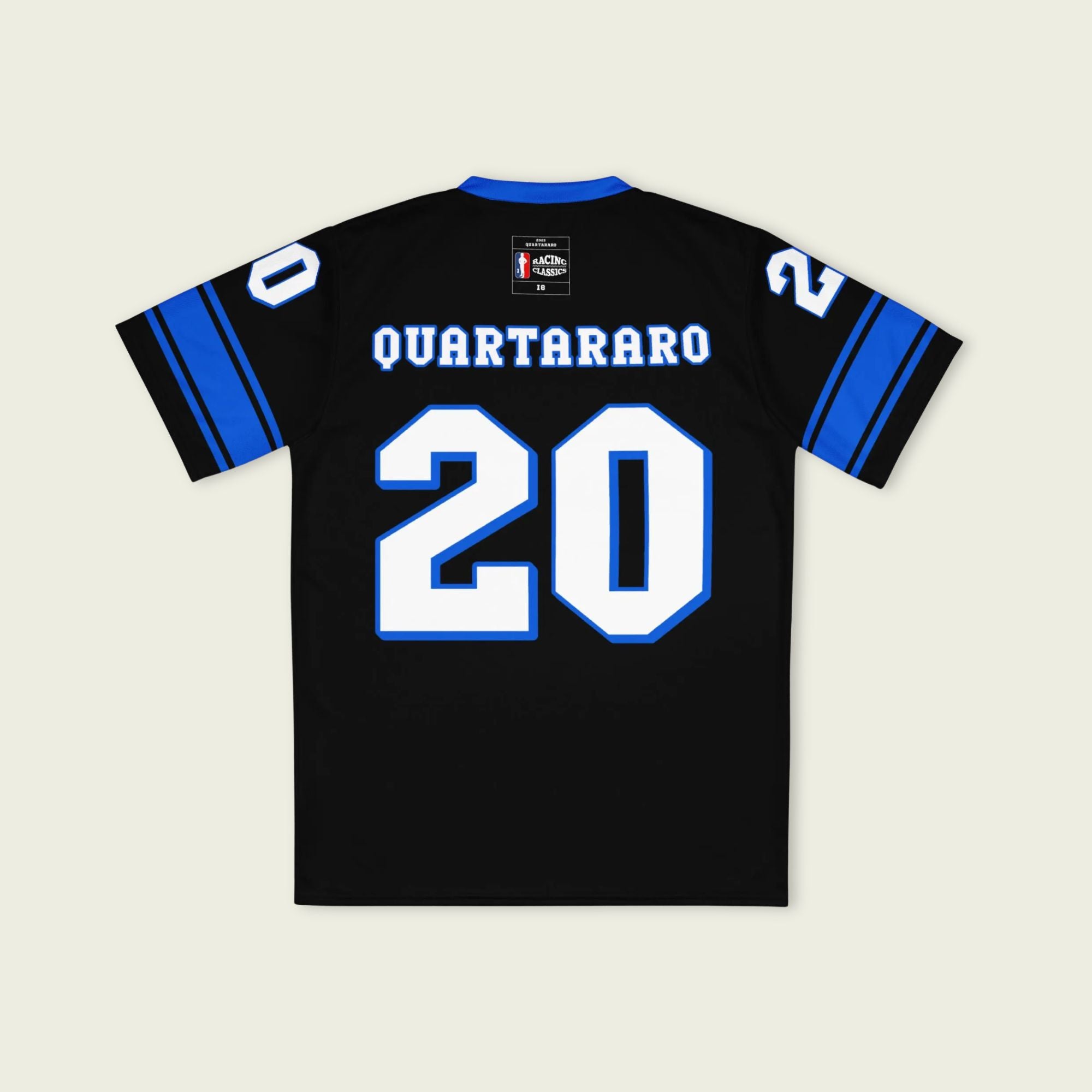 A black and blue football jersey with Fabio Quartararo Moto GP racing number 20 in white with a blue outline.