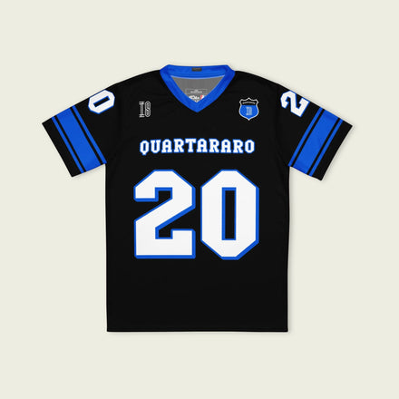 A black and blue football jersey with Fabio Quartararo Moto GP racing number 20 in white with a blue outline.