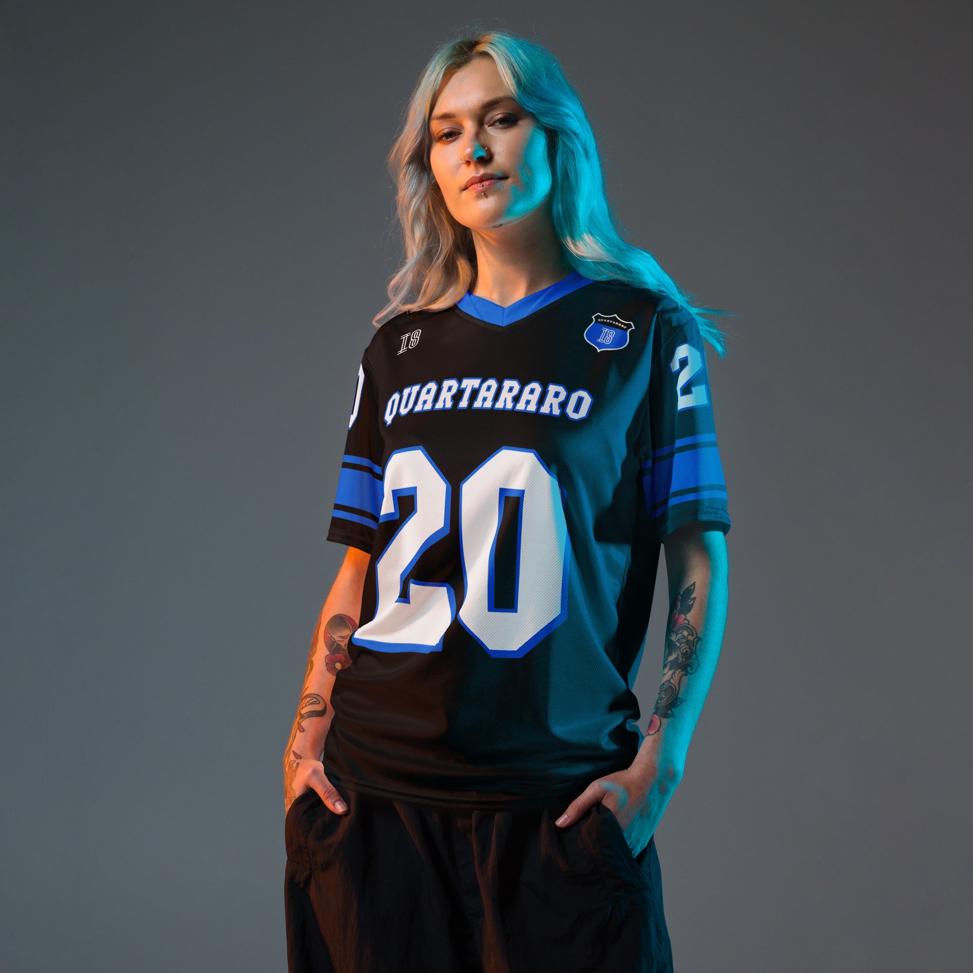 A black and blue football jersey with Fabio Quartararo Moto GP racing number 20 in white with a blue outline.