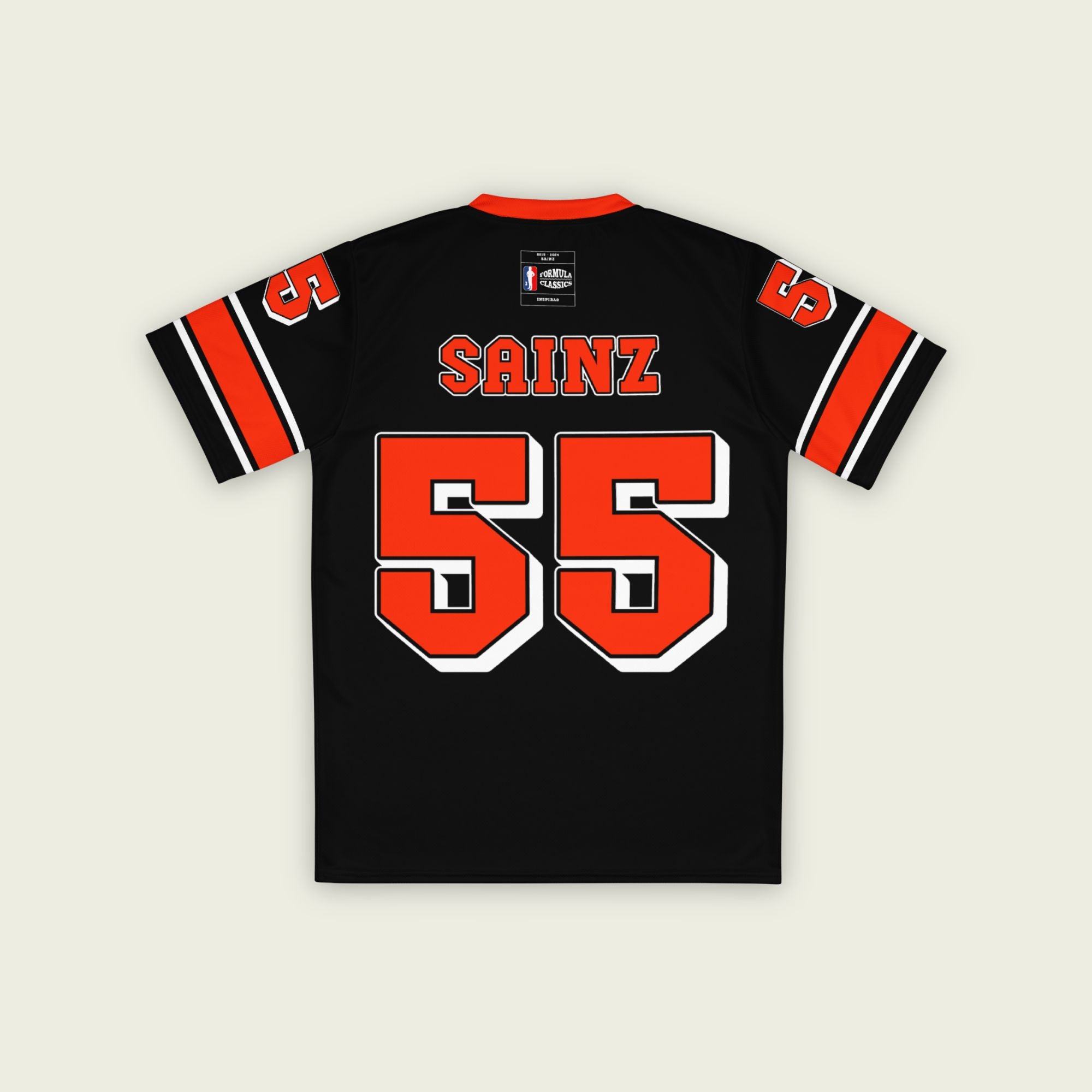 A black and red football jersey with Carlos Sainz Ferrari F1 racing number 55 in red. it has his name saizn on the front and back as well.