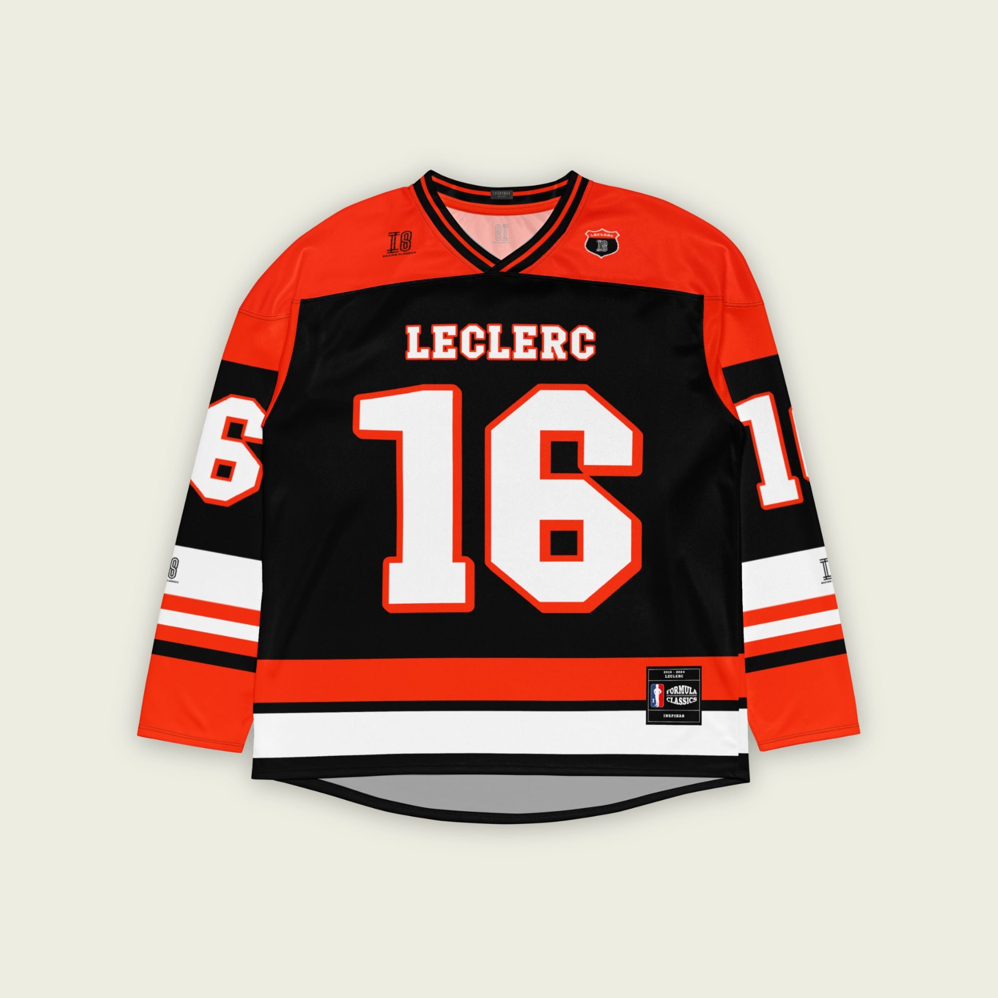 A red and black hockey jersey with Charles Leclerc's Ferrari F1 racing number 16 in white on the front and back. It has the name Leclerc on the back and front in white as well.