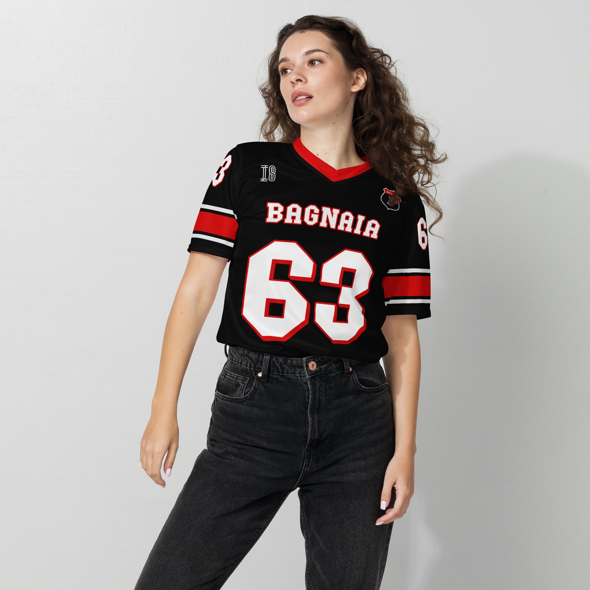 A black and red football jersey with Francesco Bagnaia Moto GP racing number 63 in white with a red outline.