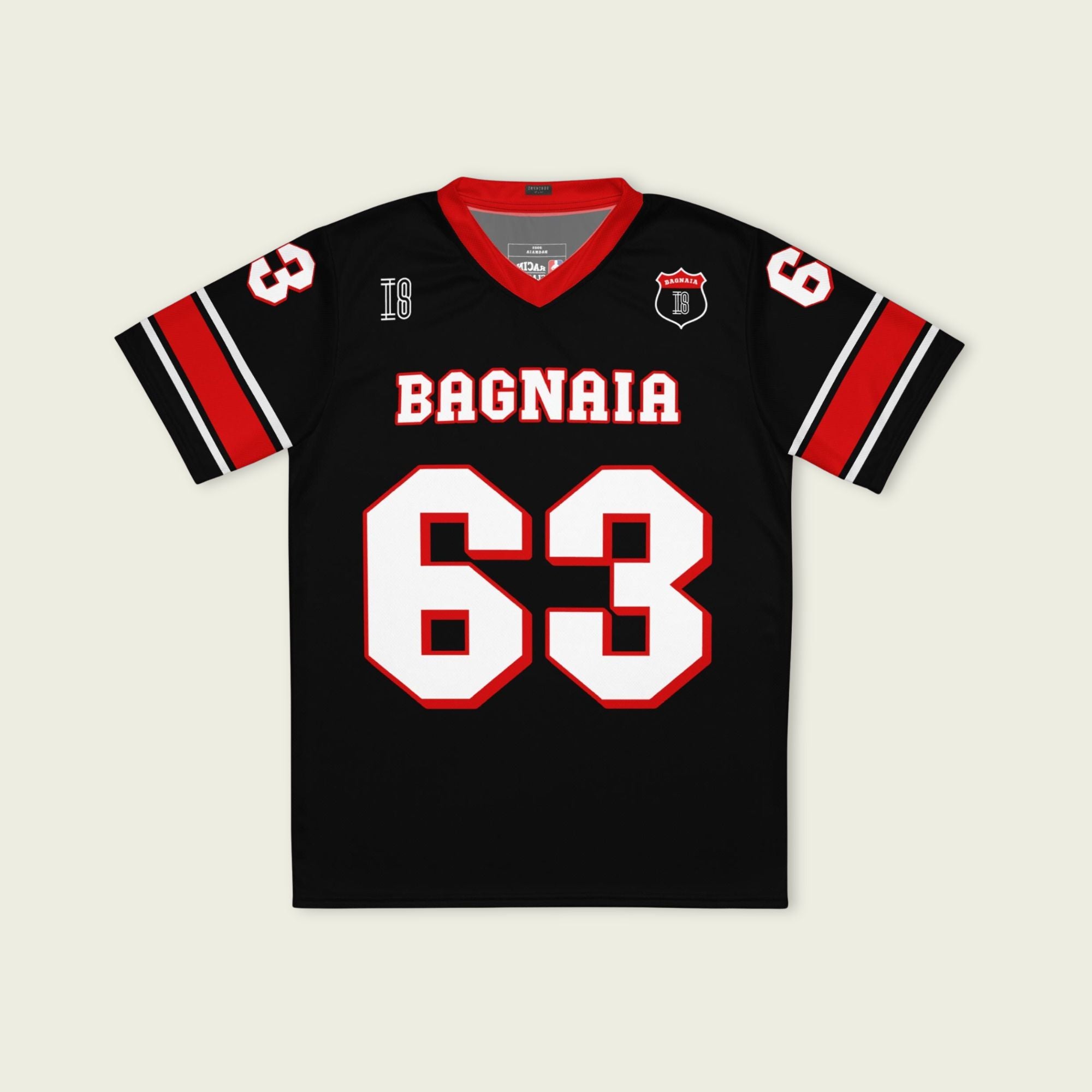 A black and red football jersey with Francesco Bagnaia Moto GP racing number 63 in white with a red outline.