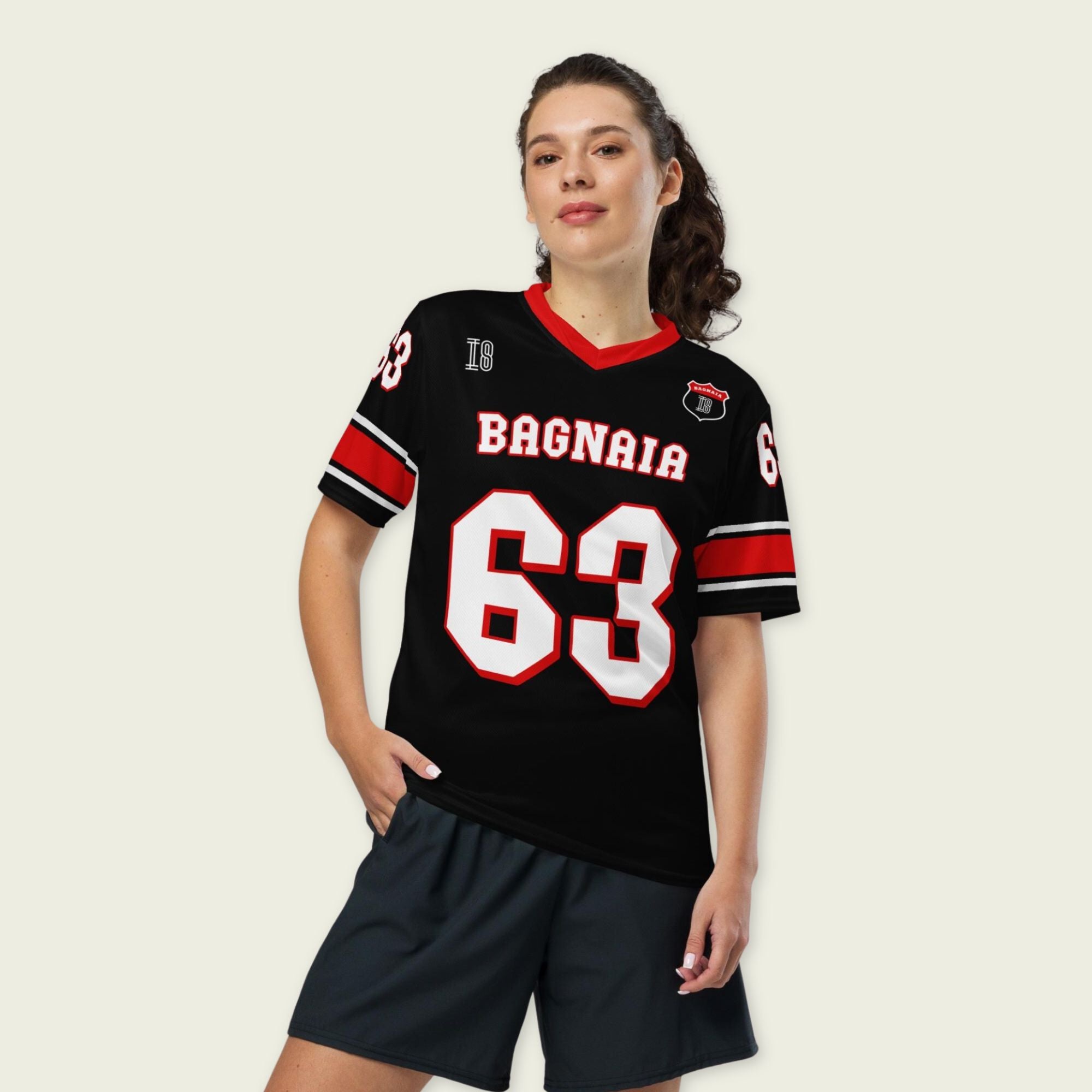 A black and red football jersey with Francesco Bagnaia Moto GP racing number 63 in white with a red outline.