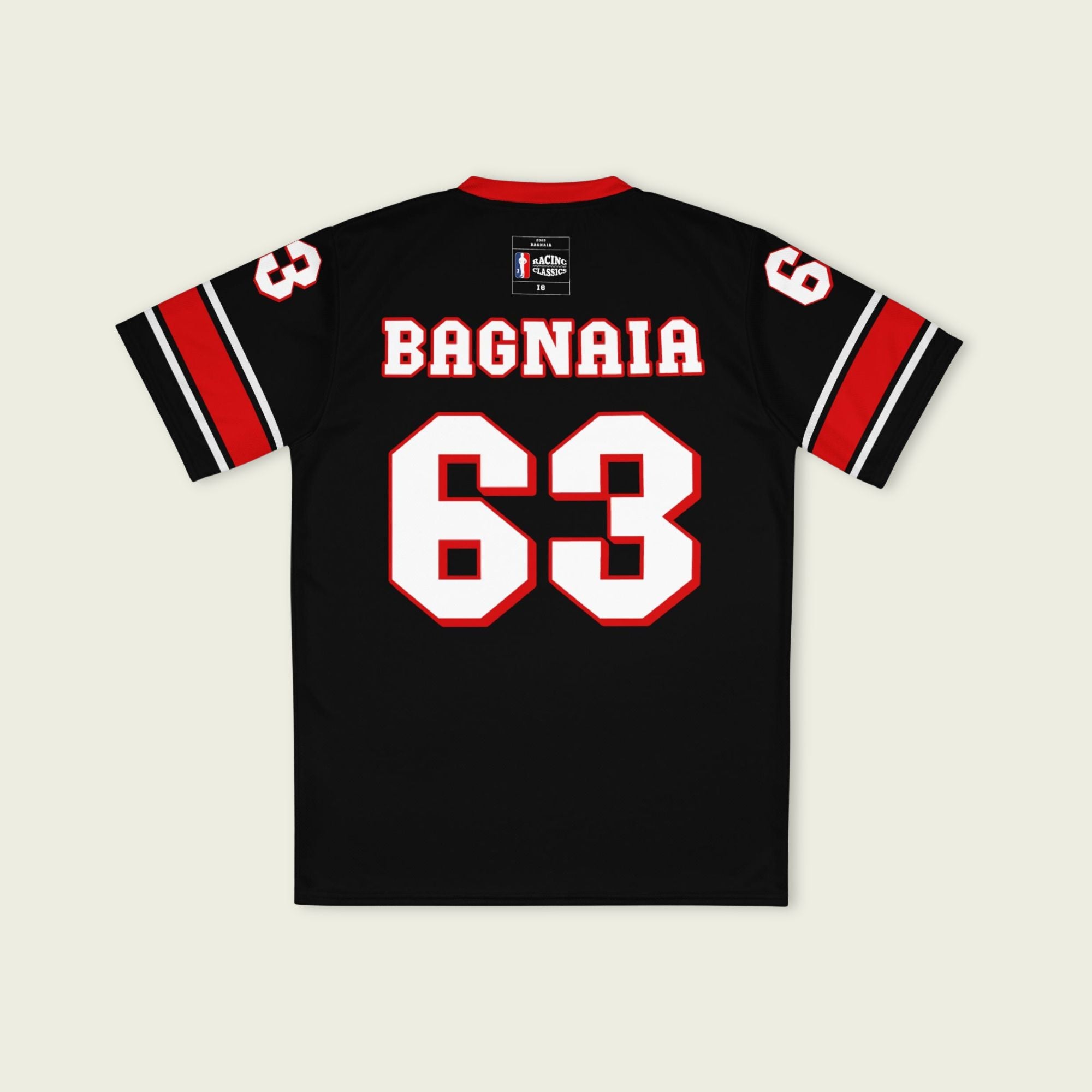 A black and red football jersey with Francesco Bagnaia Moto GP racing number 63 in white with a red outline.