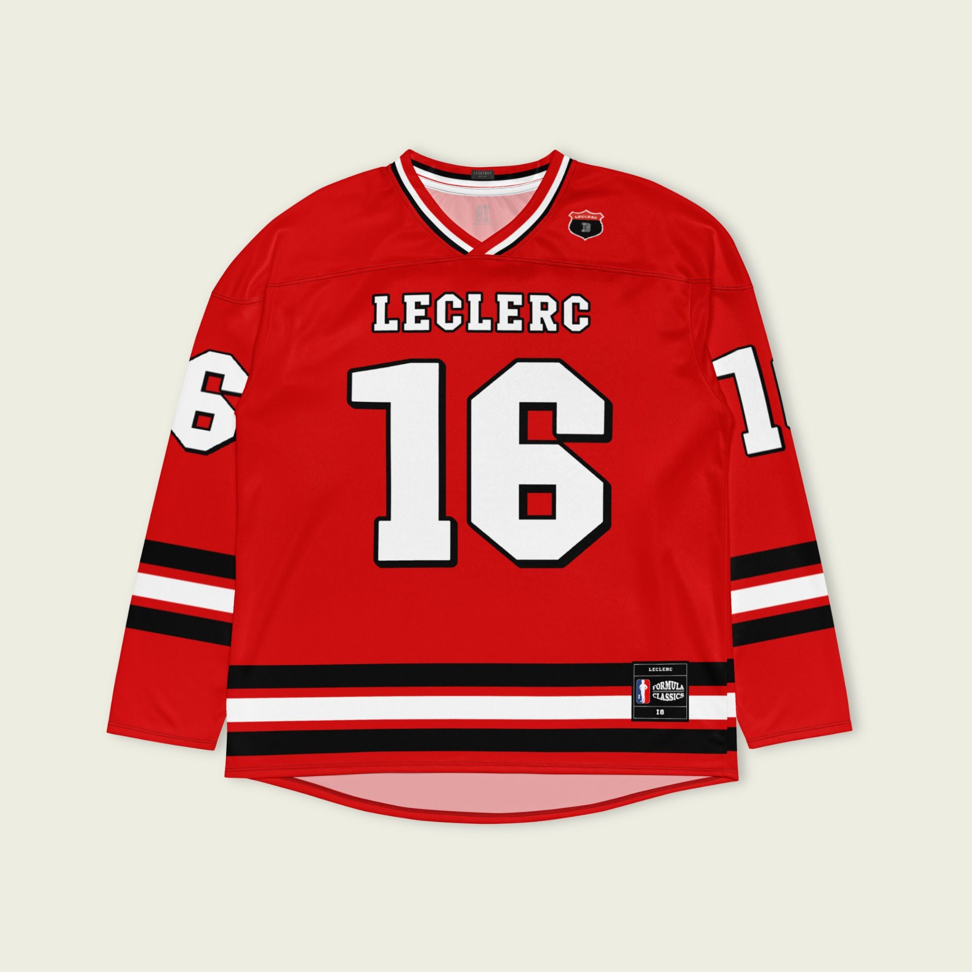 A Ferrari red hockey jersey with charles lecerc's f1 racing number 16 on the front in back, colored in black.