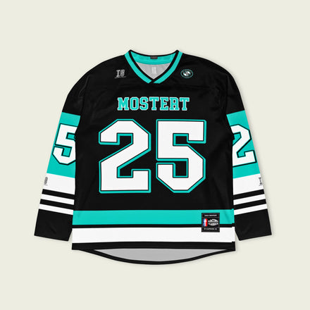 Black hockey jersey with teal and white accents, featuring the name 'Mostert' and number '25'.