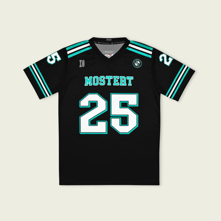 Black sports jersey with teal and white accents, featuring the name 'Mostert' and number '25'.