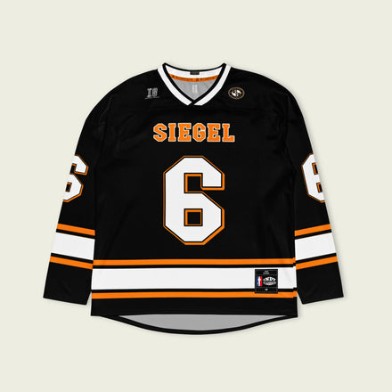 Black hockey jersey with 'SIEGEL' and number '6' on a beige background