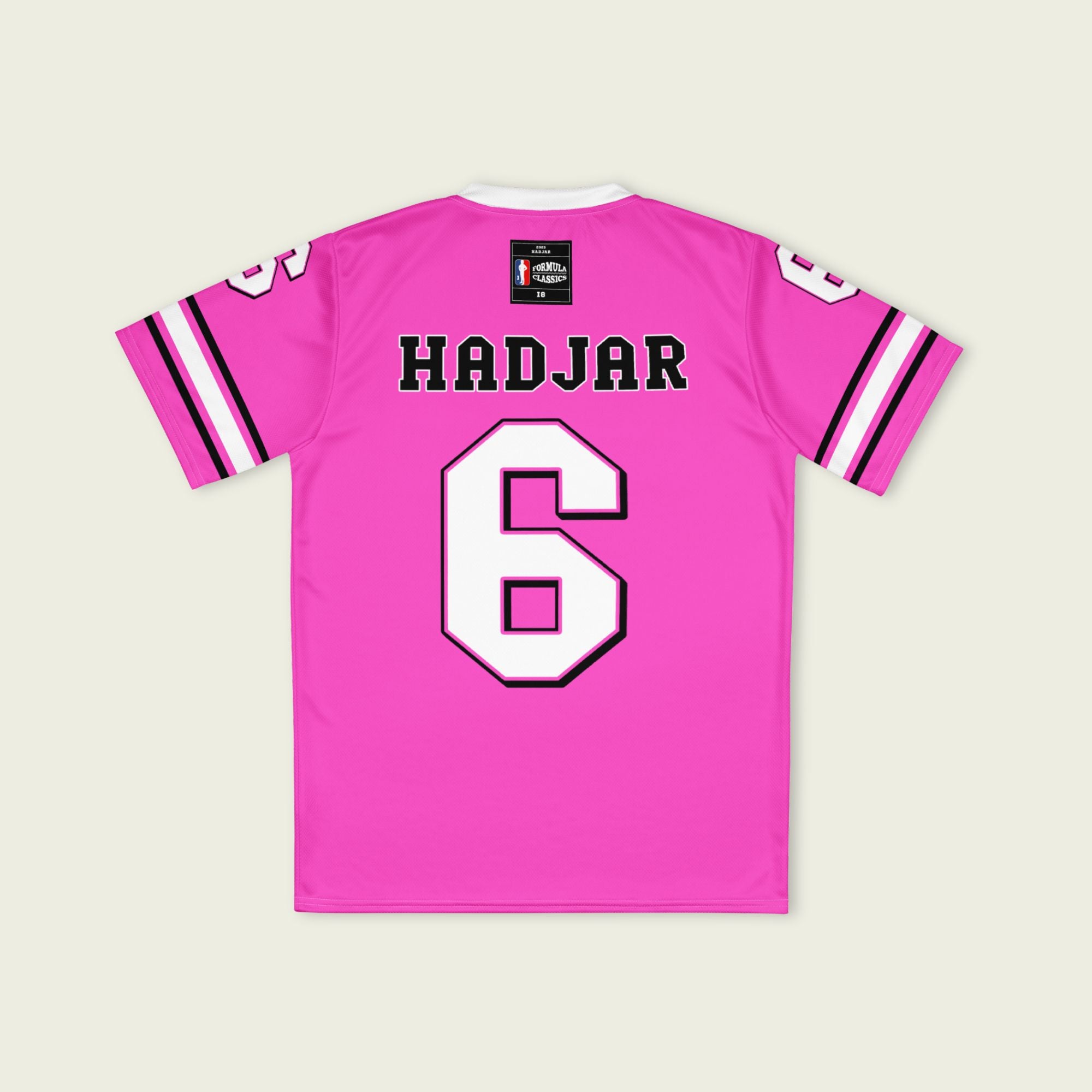 Pink sports jersey with 'HADJAR' and number '6' on a beige background