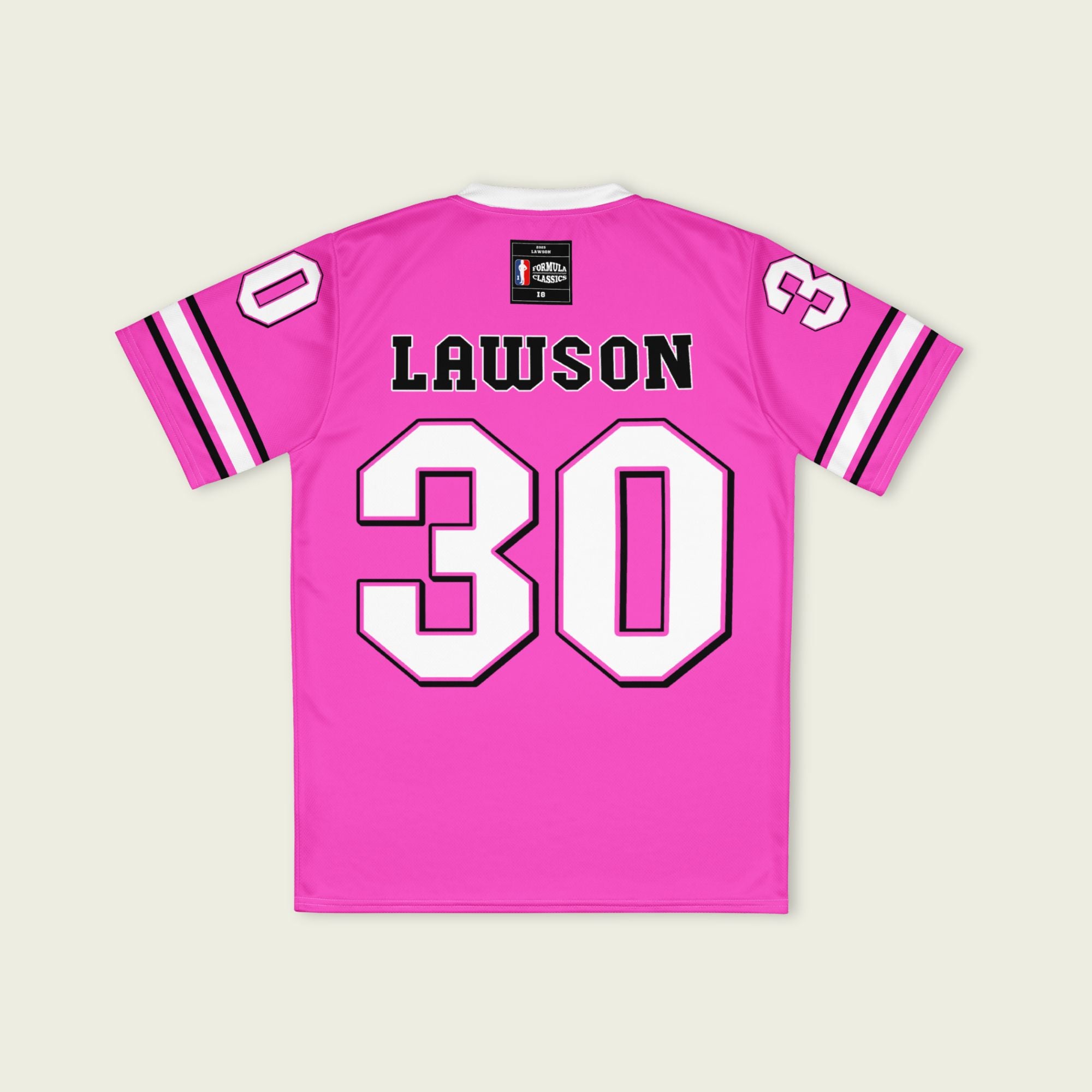 Pink sports jersey with 'Lawson 30' on a beige background