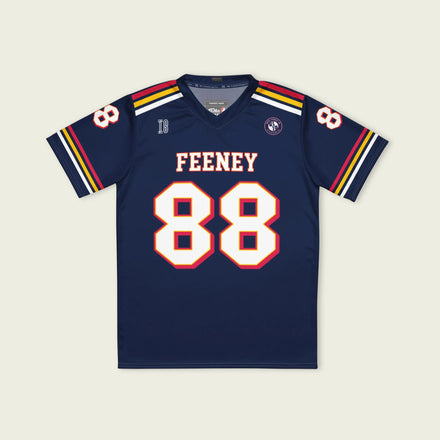 Navy blue sports jersey with 'Feeney 88' on a beige background