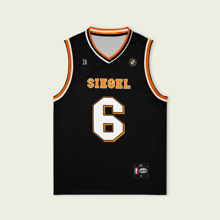 Black basketball jersey with 'SIEGEL' and number '6' on a beige background