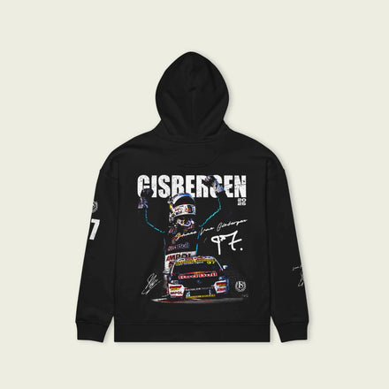 Black hoodie with racing-themed design on a beige background