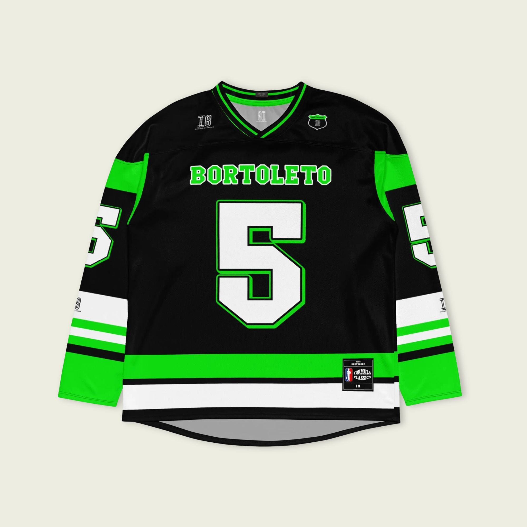 A green and black hockey jersey with Gabriel Bortoleto's Kick Stake F1 racing number 5 in green on the front and back. It has the name Gabriel Bortoleto on the back and front in green as well.