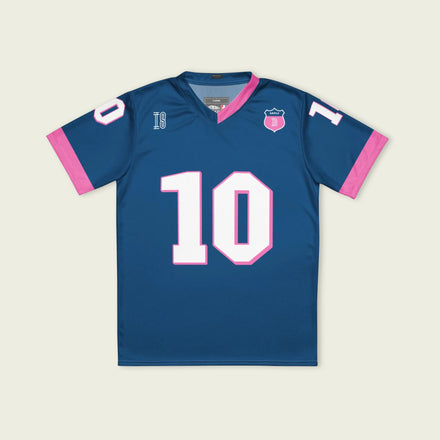 A blue and pink football jersey with Pierre Gasly' s Alpine F1 Racing number 10 on the front and back in white with a pink and black outline.