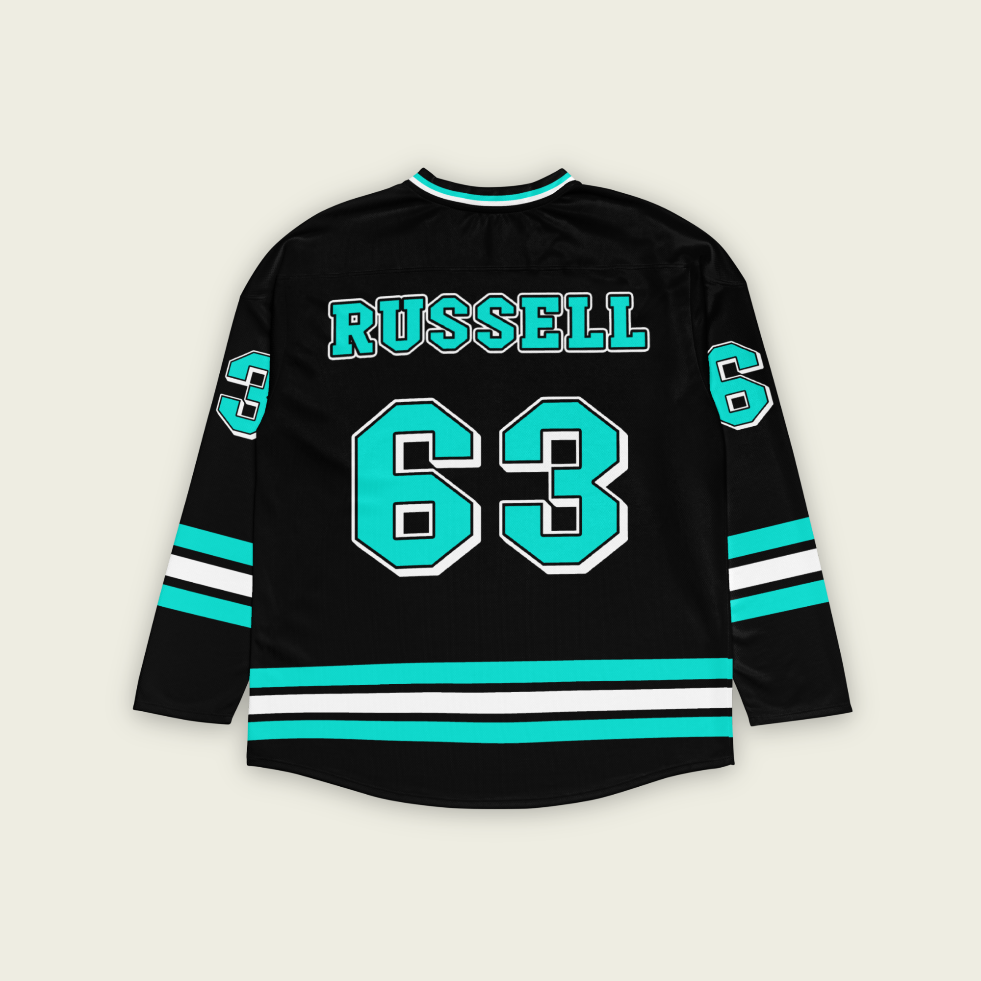 A black hockey jersey with george russells f1 racing number 63 on the front and back in mercedes green. His name Russell is on the front in back as well in turquoise.