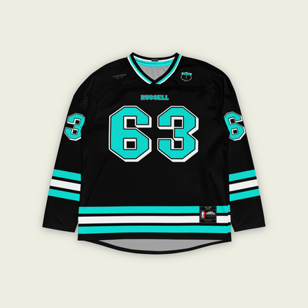 A black hockey jersey with george russells f1 racing number 63 on the front and back in mercedes green. His name Russell is on the front in back as well in turquoise.