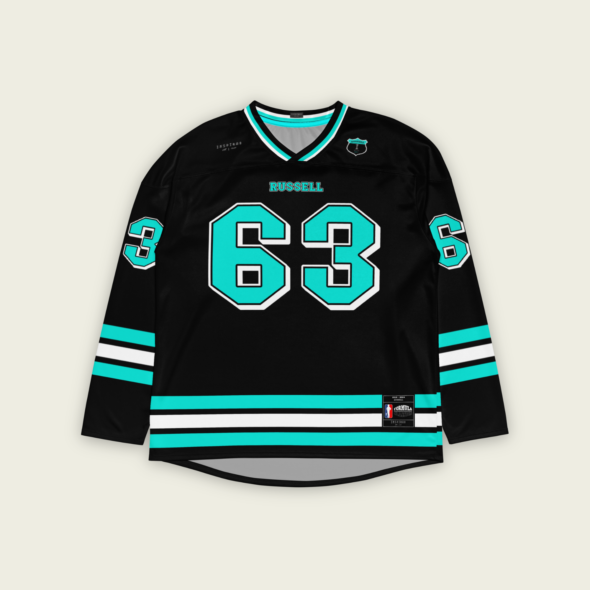 A black hockey jersey with george russells f1 racing number 63 on the front and back in mercedes green. His name Russell is on the front in back as well in turquoise.
