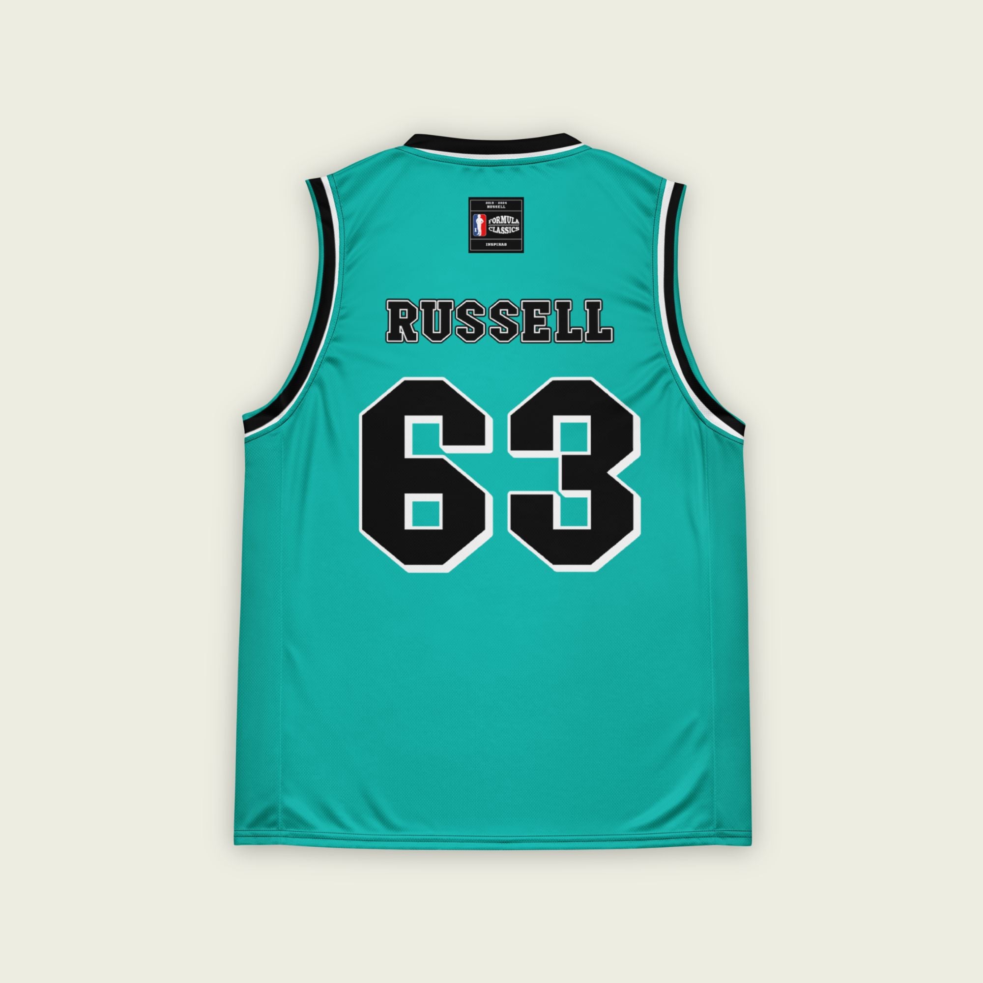 A green basketball jersey with George Russell's F1 racing number on the front and back in black.