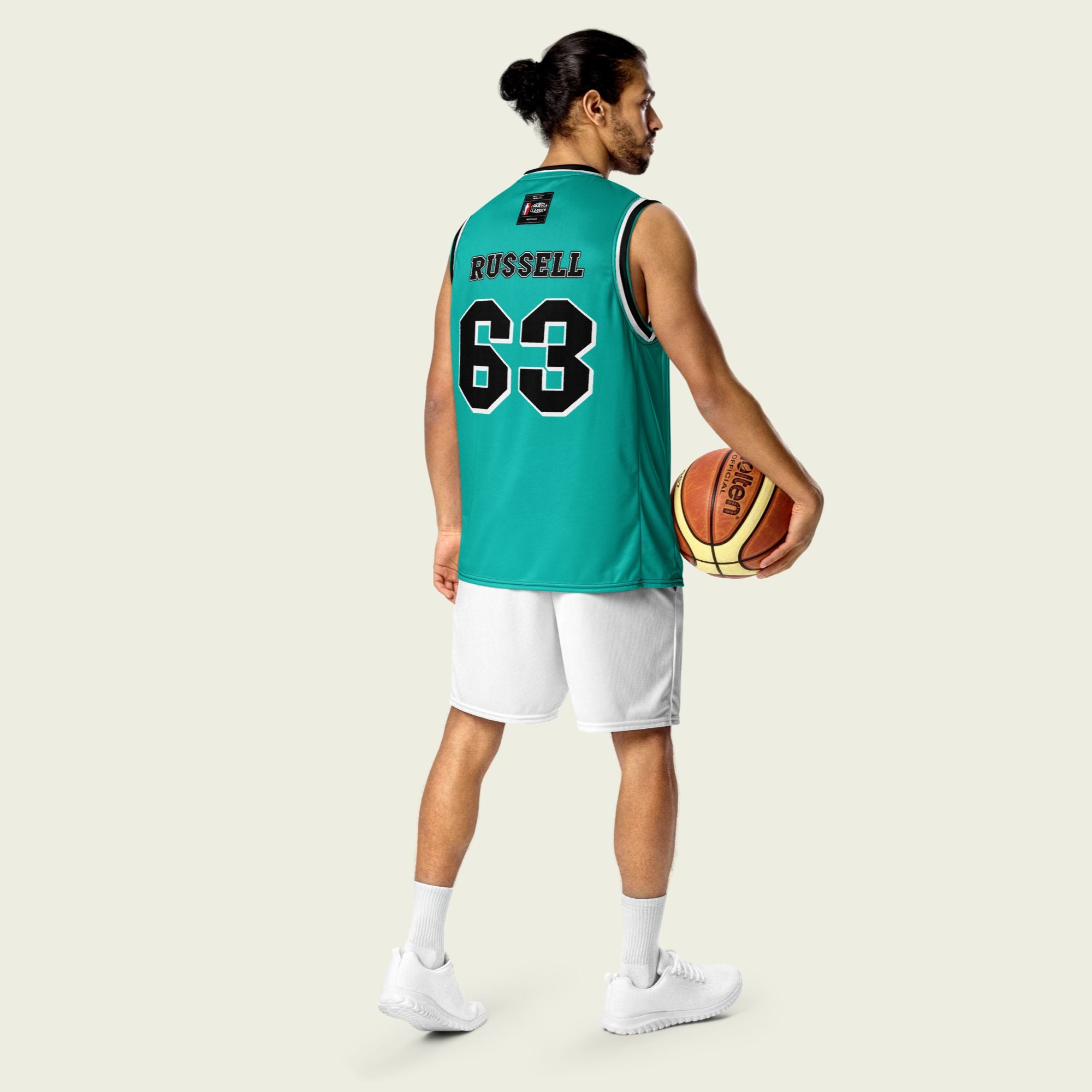 A green basketball jersey with George Russell's F1 racing number on the front and back in black.