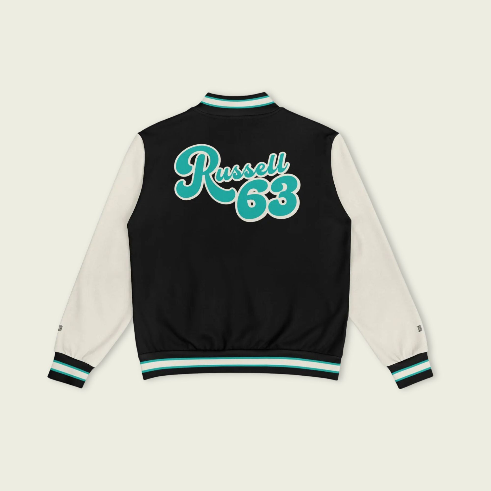 A navy petronas green, black, and tan, varsity jacket with George Russll's Mercedes F1 racing number 63 in green on the front and back.