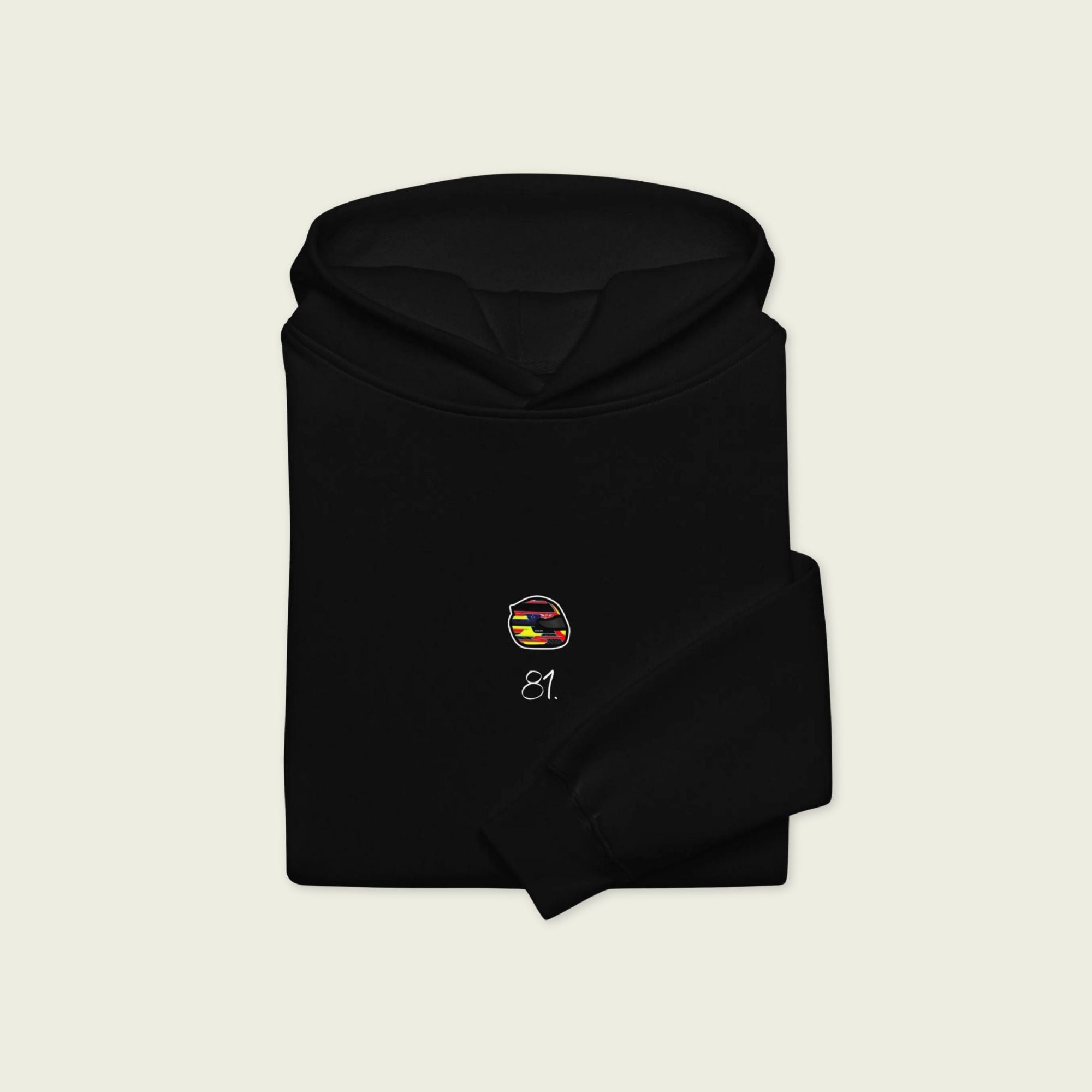 A black oversized hoodie with white text Osacr Piastris racing number 81 on the front and Osacr's graphic helmut on the front.