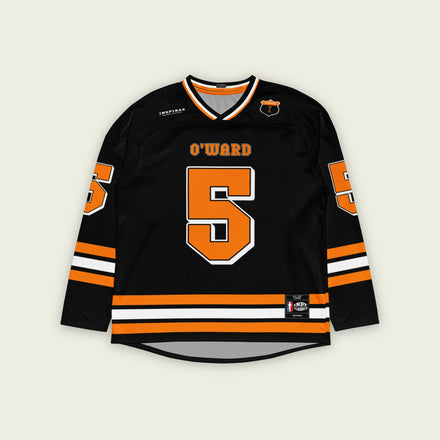A black hockey jersey with orange papaya stripes. It has Pato O'Wards indycar racing number 5 and the name O'Ward on the front and back in Papaya Orange.