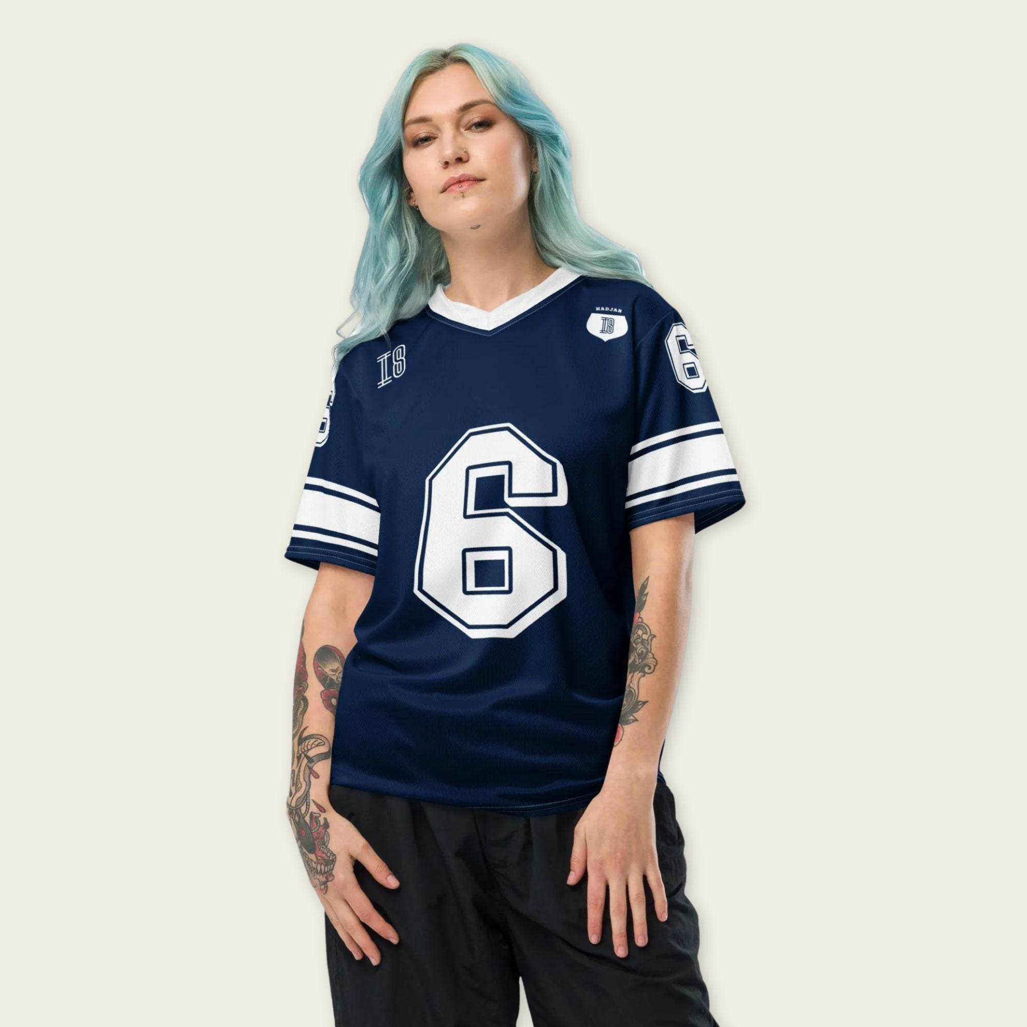 A navy blue football jersey with Isack Hadjars Redbull F1 Racing number 6 on the front and back.