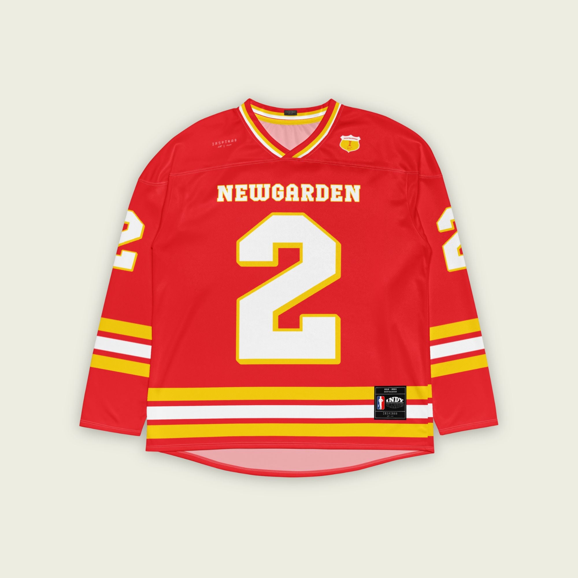 A red hockey jersey with yellow and white stripes. It has Newgarden's indycar racing number 2 and the name newgarden on the front and back in white with a yellow outline.